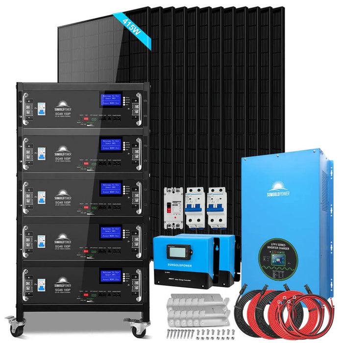 SunGoldPower Off-Grid Solar Kit 12000W 48VDC 120V/240V LifePo4 25.6KWH Lithium Battery 12 X 415 Watts Solar Panels SGR-12K20E