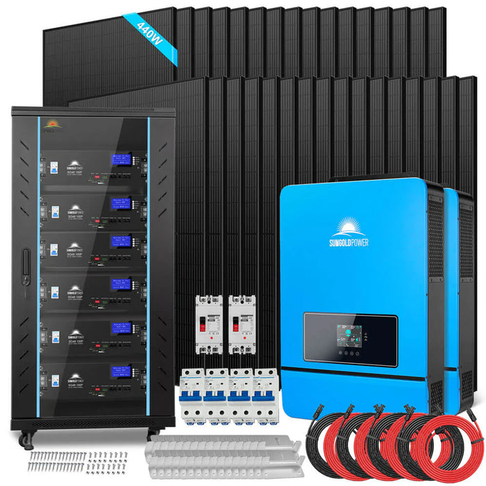 SunGoldPower Off Grid Solar Kit 20KW 48VDC 120V/240V LIFEPO4 30.72KWH Lithium Battery 32 X 440 Watts Solar Panels SGR-20K30E