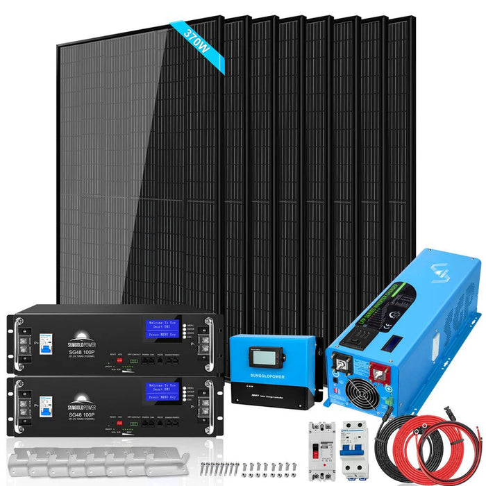 SunGoldPower Off Solar Kit 6000W 48VDC 120V/240V LifePo4 10.48KWH Server Rack Lithium Battery 8 X 370 Watts Solar Panels SGR-6KL48C