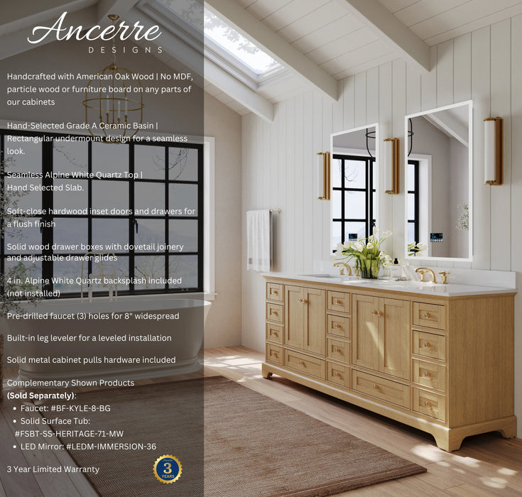 Ancerre 84” Audrey Bathroom Vanity Oak Double Sink Cabinet Set VTS-Audrey-84-Oak-WQZ