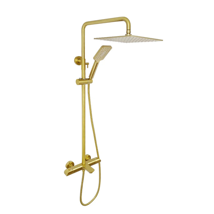 Aquadom ZEN 3-Function Thermostatic Shower System with 10″ Square Rainfall Head Brushed GoldFinish