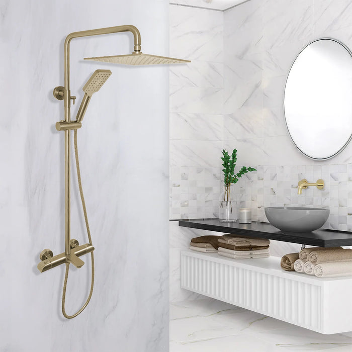 Aquadom ZEN 3-Function Thermostatic Shower System with 10″ Square Rainfall Head Brushed GoldFinish