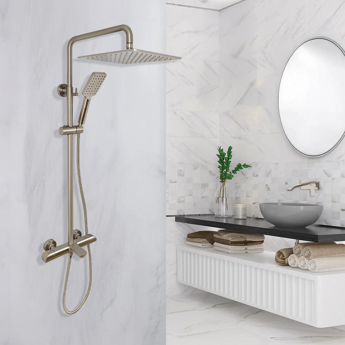 Aquadom ZEN 3-Function Thermostatic Shower System with 10″ Square Rainfall Head Brushed Nickel Finish