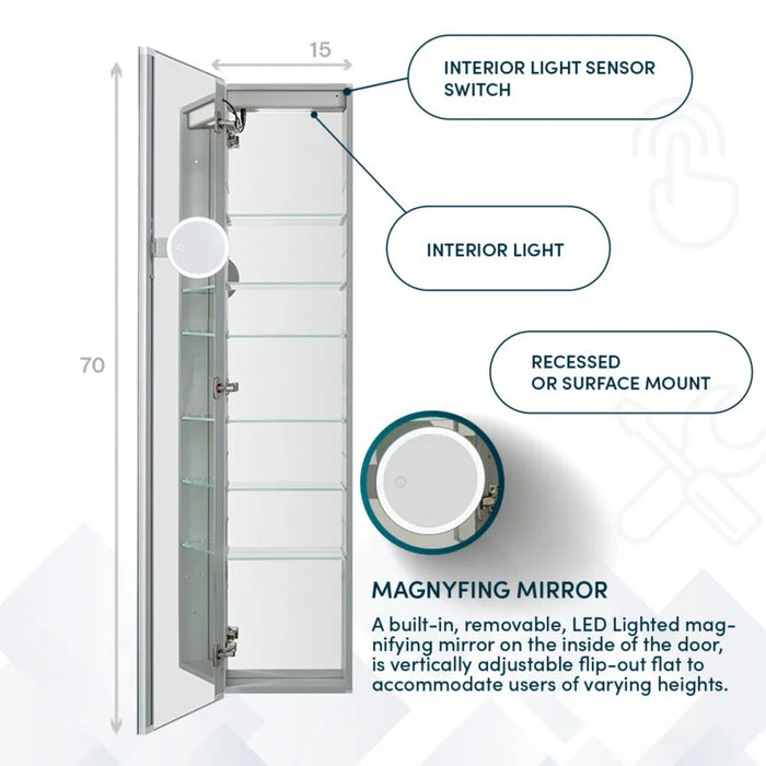 Aquadom Edge Royale 15'' × 70'' Right Hinge LED Lighted Medicine Cabinet