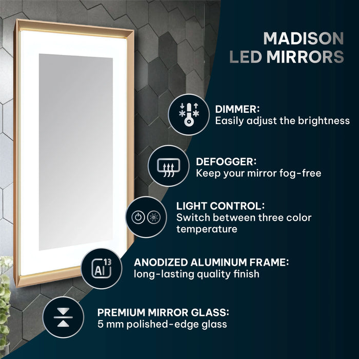 Aquadom Madison 48''x 36'' x 2.28'' LED Lighted Chamfer Frame Mirror with Defogger Brushed Gold Finish