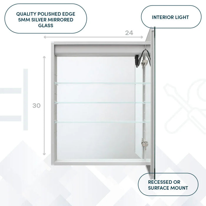 Aquadom Royale Basic 24'' × 30'' Right Hinge LED Lighted Medicine Cabinet