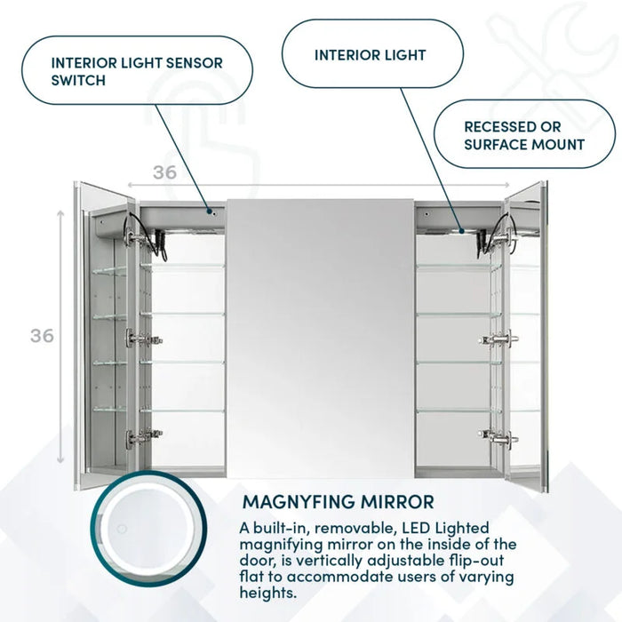 Aquadom Signature Royale 36'' × 36'' LED Lighted Triple Door Medicine Cabinet