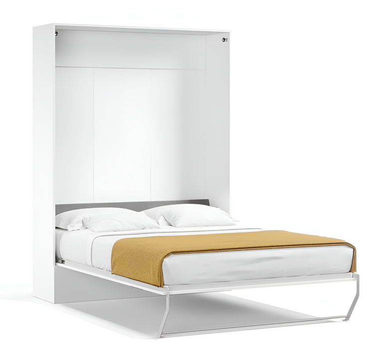 White wall-mounted bed with a gold blanket on a white background