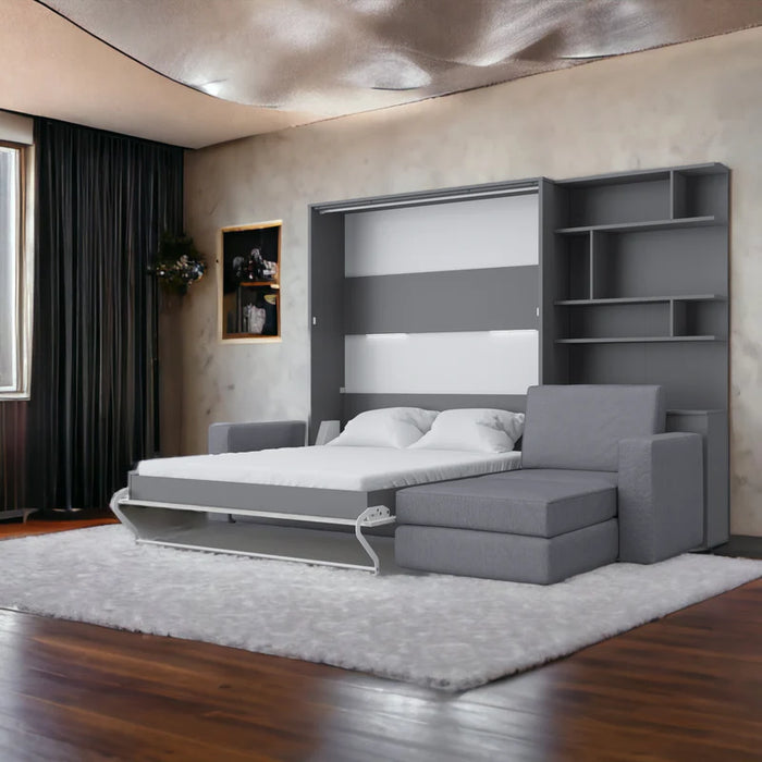 Maxima House Invento Murphy Bed Vertical Wall Bed European Queen Size with Sectional Sofa and Bookcase  IN014/17GW-LG