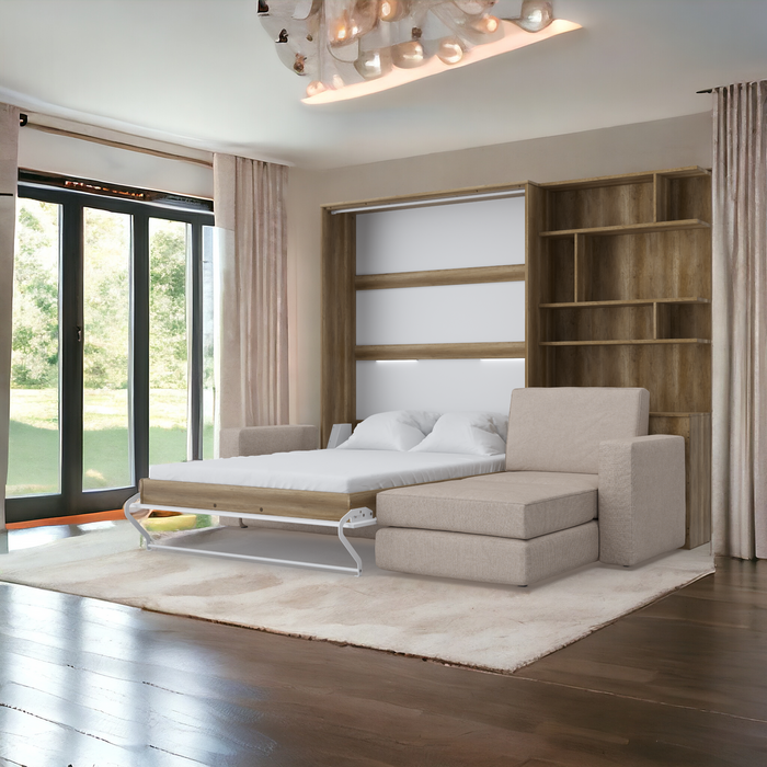 Maxima House Invento Murphy Bed Vertical Wall Bed European Full XL Size with Sectional Sofa and Bookcase