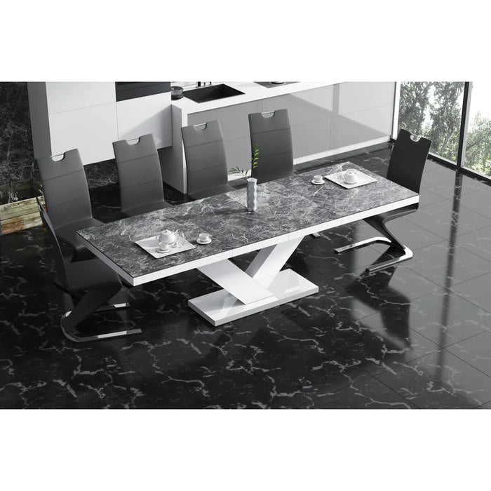 Maxima House Toria 7pcs Modern Glossy Dining Table Set with 2 Self-storing Leaves plus 6 black Chairs HU0103K-188B
