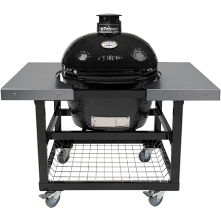 Primo All-In-One Oval Large 300 Ceramic Charcoal Grill Heavy-Duty Stand, Side Shelves, Ash Tool and Grate Lifter PGCLGC