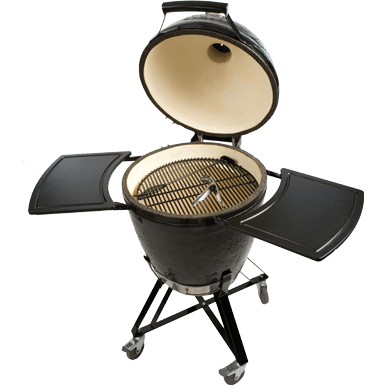 Primo All-In-One Kamado Round Ceramic Charcoal Grill with Stand, Side Shelves, Ash Tool and Grate Lifter PGCRC