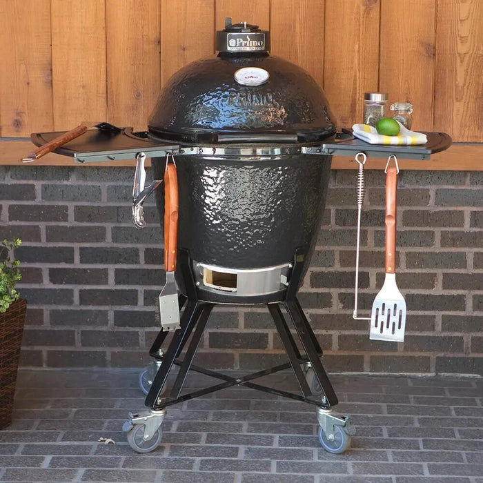 Primo All-In-One Kamado Round Ceramic Charcoal Grill with Stand, Side Shelves, Ash Tool and Grate Lifter PGCRC