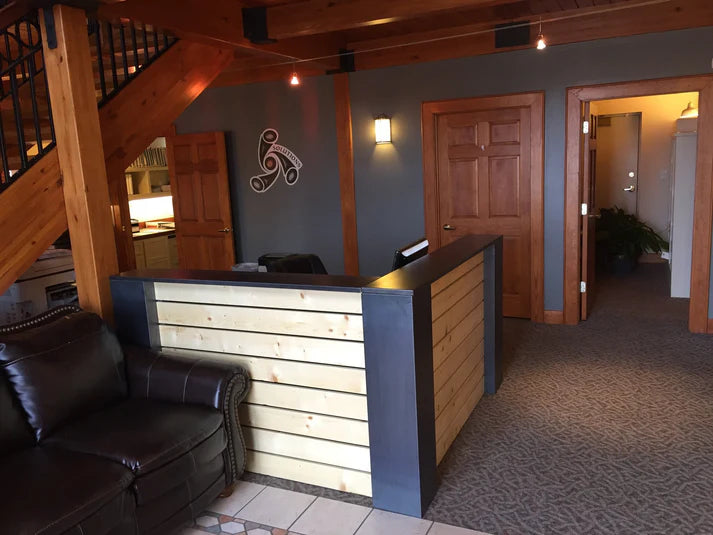 Modern Reception Office Desk | Pine Front Desk with Steel Frame & Wire Grommets