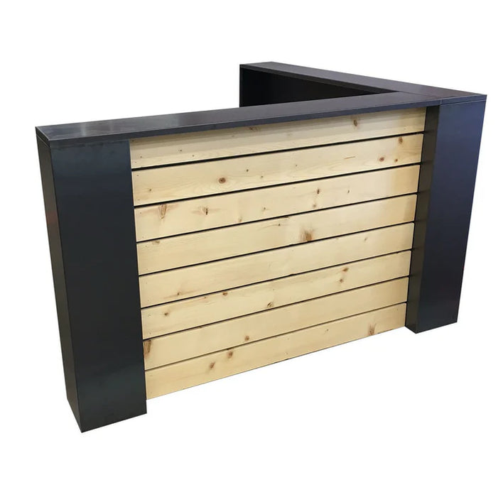 Modern Reception Office Desk | Pine Front Desk with Steel Frame & Wire Grommets