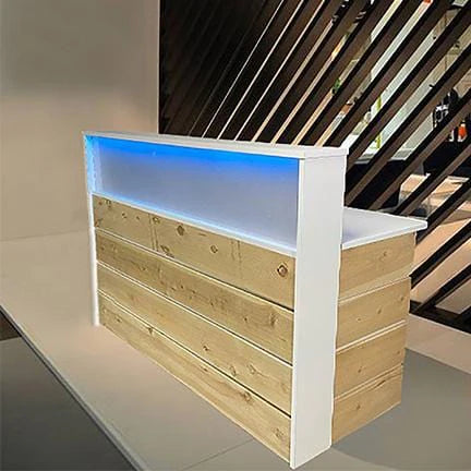 Frosted Reception Desk – Flat‑Pack Laminate Counter with Color‑Changing LED, Grommets & Floor Sliders