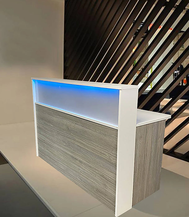 Frosted Reception Desk – Flat‑Pack Laminate Counter with Color‑Changing LED, Grommets & Floor Sliders