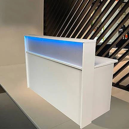 Frosted Reception Desk – Flat‑Pack Laminate Counter with Color‑Changing LED, Grommets & Floor Sliders