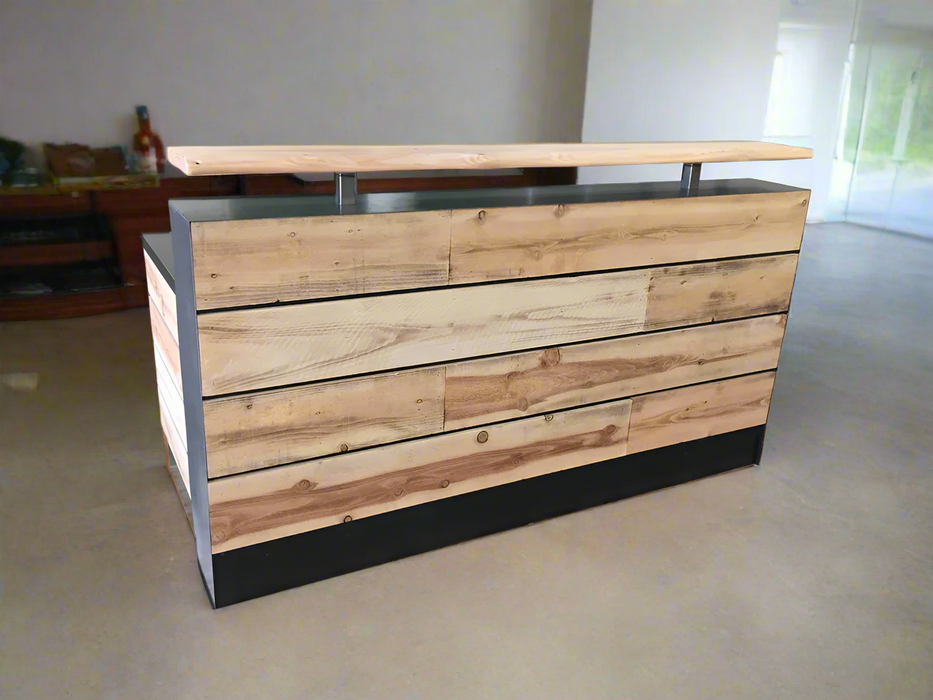Reception Desk With Dallas Slats – 4–8 ft Handmade Flat‑Pack Desk with Distressed Cedar Slats & Live‑Edge Riser