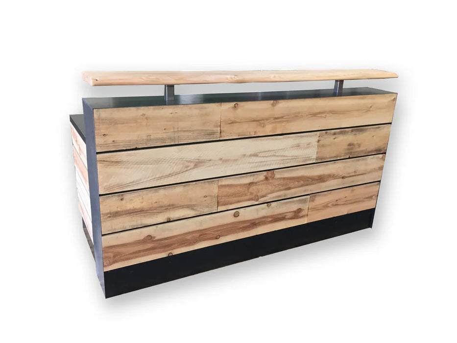 Reception Desk With Dallas Slats – 4–8 ft Handmade Flat‑Pack Desk with Distressed Cedar Slats & Live‑Edge Riser