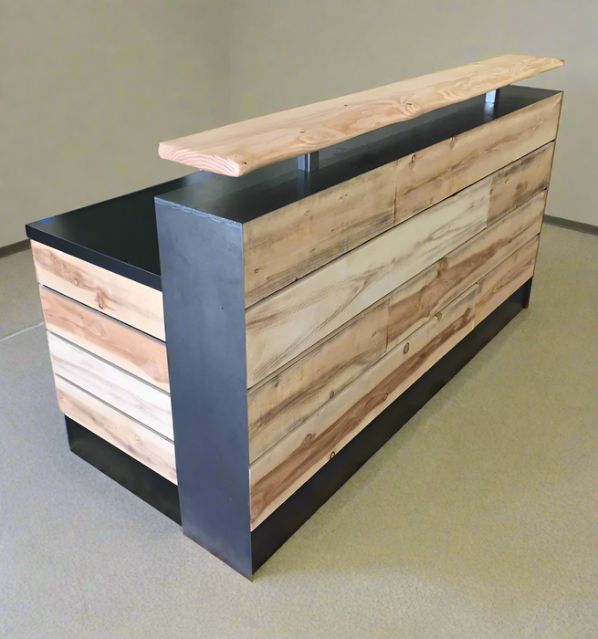 Reception Desk With Dallas Slats – 4–8 ft Handmade Flat‑Pack Desk with Distressed Cedar Slats & Live‑Edge Riser
