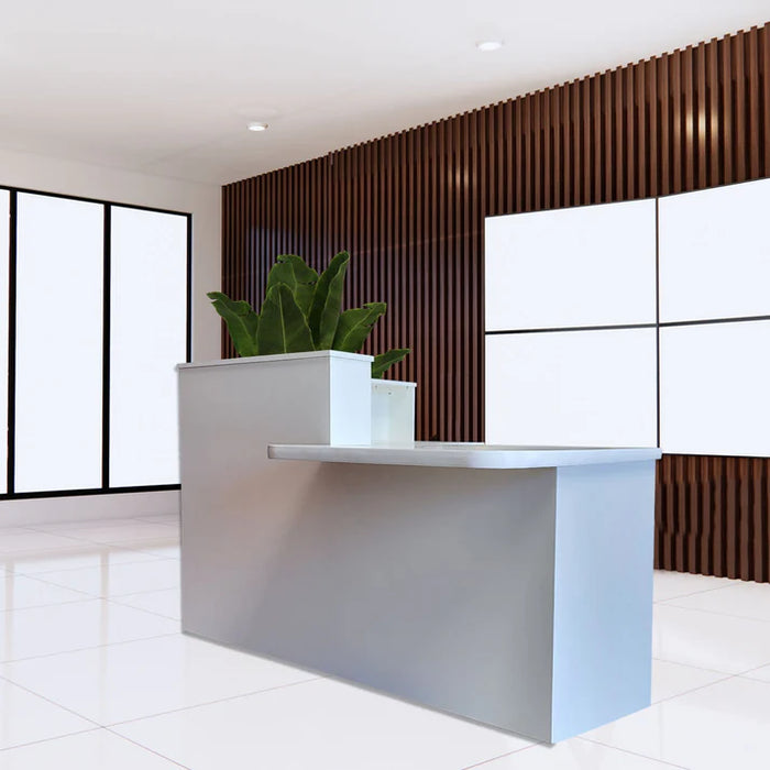 Modern Reception Desk – L‑Shape Flat‑Pack Antimicrobial Melamine Counter with Grommet & Floor‑Protecting Sliders
