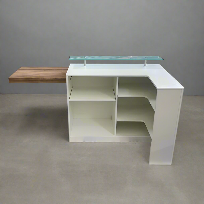L‑Shape Reception Counter – Modern Flat‑Pack Front Desk in White Laminate with Glass Riser & Storage