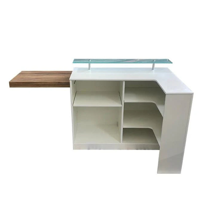 L‑Shape Reception Counter – Modern Flat‑Pack Front Desk in White Laminate with Glass Riser & Storage