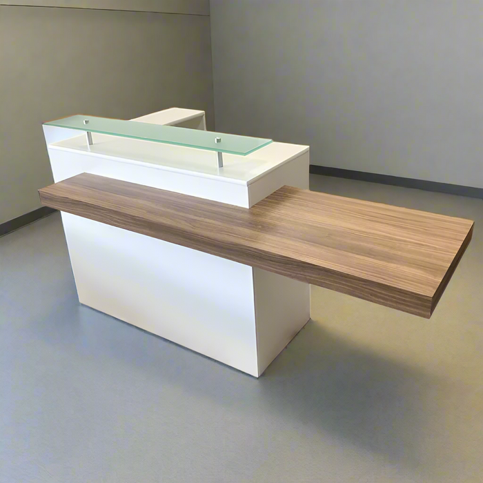 L‑Shape Reception Counter – Modern Flat‑Pack Front Desk in White Laminate with Glass Riser & Storage
