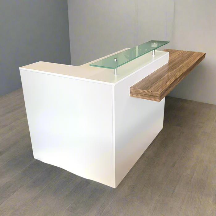 L‑Shape Reception Counter – Modern Flat‑Pack Front Desk in White Laminate with Glass Riser & Storage