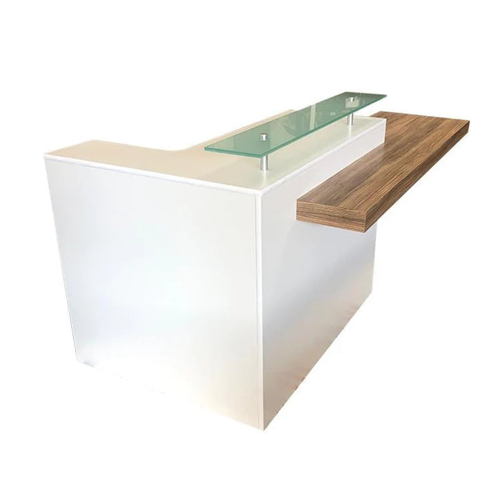 L‑Shape Reception Counter – Modern Flat‑Pack Front Desk in White Laminate with Glass Riser & Storage