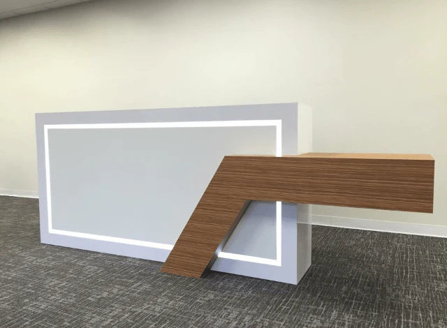 Modern Quad Tech Reception Desk – Easy Assembly Flat‑Pack Desk with Privacy Riser, Grommets & LED Lighting