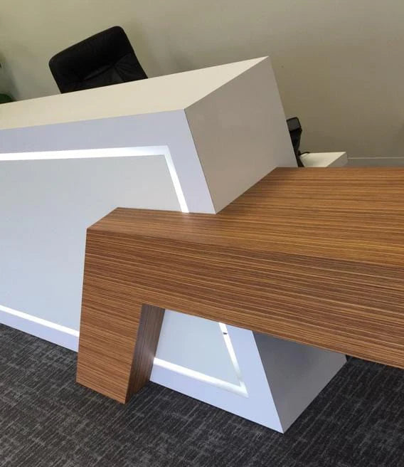 Modern Quad Tech Reception Desk – Easy Assembly Flat‑Pack Desk with Privacy Riser, Grommets & LED Lighting