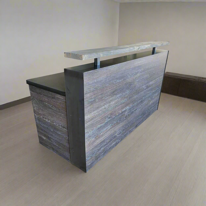Scorched Oak Reception Desk – 4–7 ft Reclaimed Distressed Wood & Steel Flat‑Pack Counter