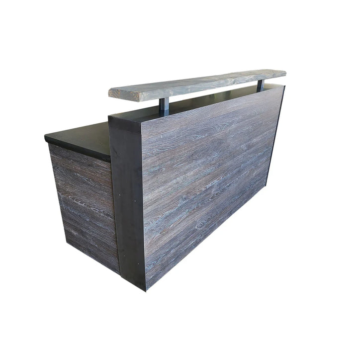 Scorched Oak Reception Desk – 4–7 ft Reclaimed Distressed Wood & Steel Flat‑Pack Counter