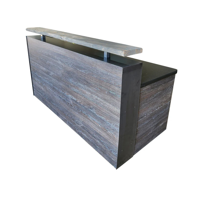 Scorched Oak Reception Desk – 4–7 ft Reclaimed Distressed Wood & Steel Flat‑Pack Counter