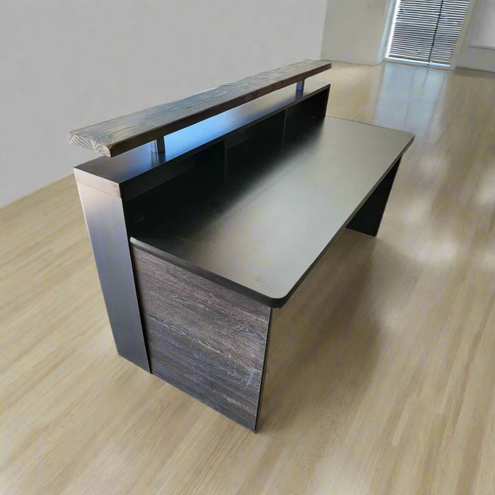 Scorched Oak Reception Desk – 4–7 ft Reclaimed Distressed Wood & Steel Flat‑Pack Counter