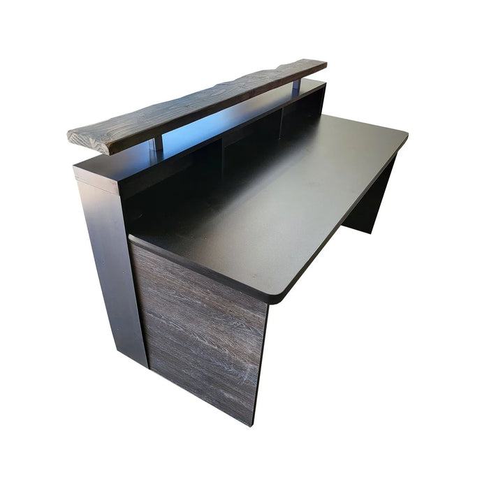 Scorched Oak Reception Desk – 4–7 ft Reclaimed Distressed Wood & Steel Flat‑Pack Counter