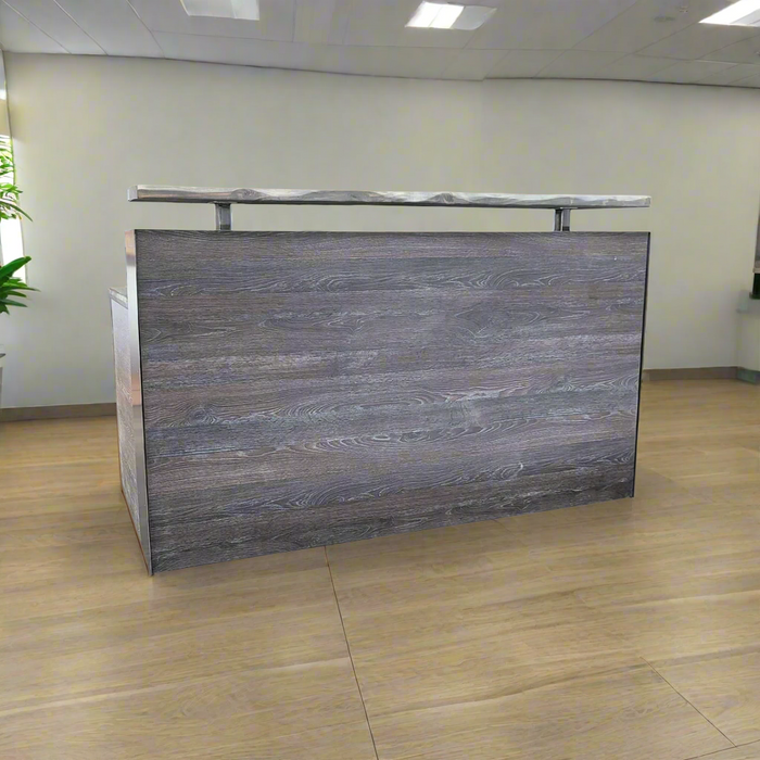 Scorched Oak Reception Desk – 4–7 ft Reclaimed Distressed Wood & Steel Flat‑Pack Counter