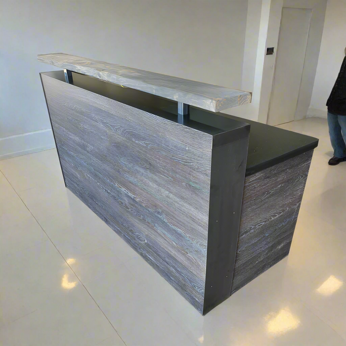 Scorched Oak Reception Desk – 4–7 ft Reclaimed Distressed Wood & Steel Flat‑Pack Counter