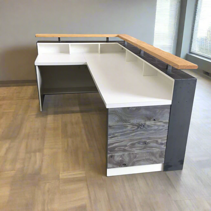 White L‑Shape Modern Reception Desk – 6‑7 ft Distressed Wood & Steel, Pre‑Assembled L Counter