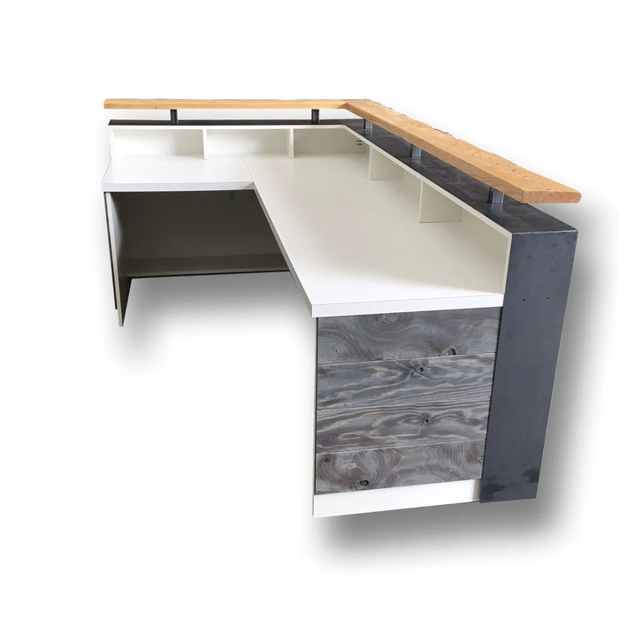 White L‑Shape Modern Reception Desk – 6‑7 ft Distressed Wood & Steel, Pre‑Assembled L Counter