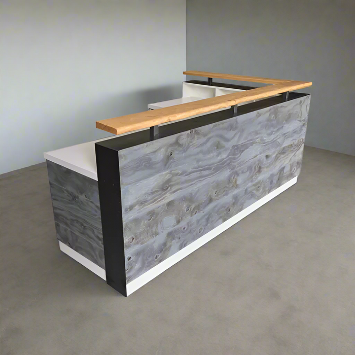 White L‑Shape Modern Reception Desk – 6‑7 ft Distressed Wood & Steel, Pre‑Assembled L Counter