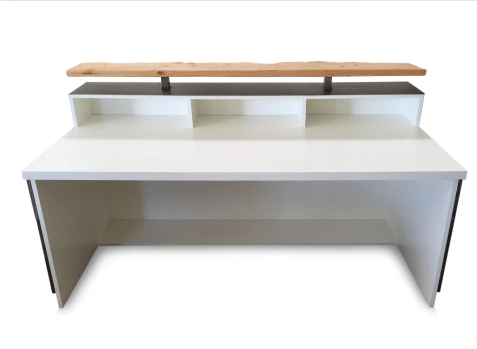 White Modern Reception Desk Distressed Wood & Steel Commercial Counter