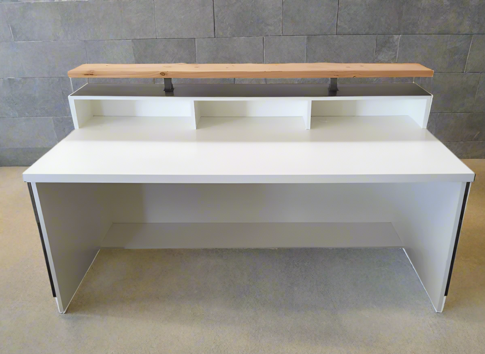 White Modern Reception Desk Distressed Wood & Steel Commercial Counter