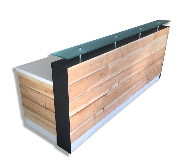 White Modern Reception Desk – 4–8 ft Distressed Wood with Glass Riser and Cedar Slats