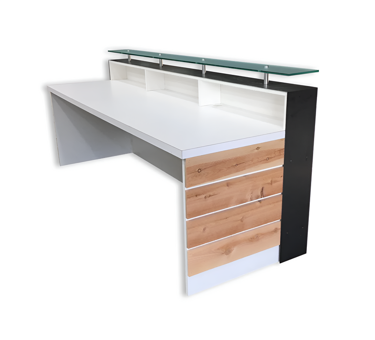 White Modern Reception Desk – 4–8 ft Distressed Wood with Glass Riser and Cedar Slats