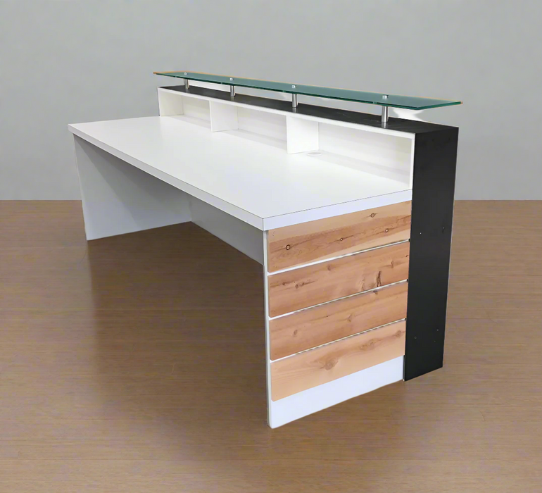 White Modern Reception Desk – 4–8 ft Distressed Wood with Glass Riser and Cedar Slats
