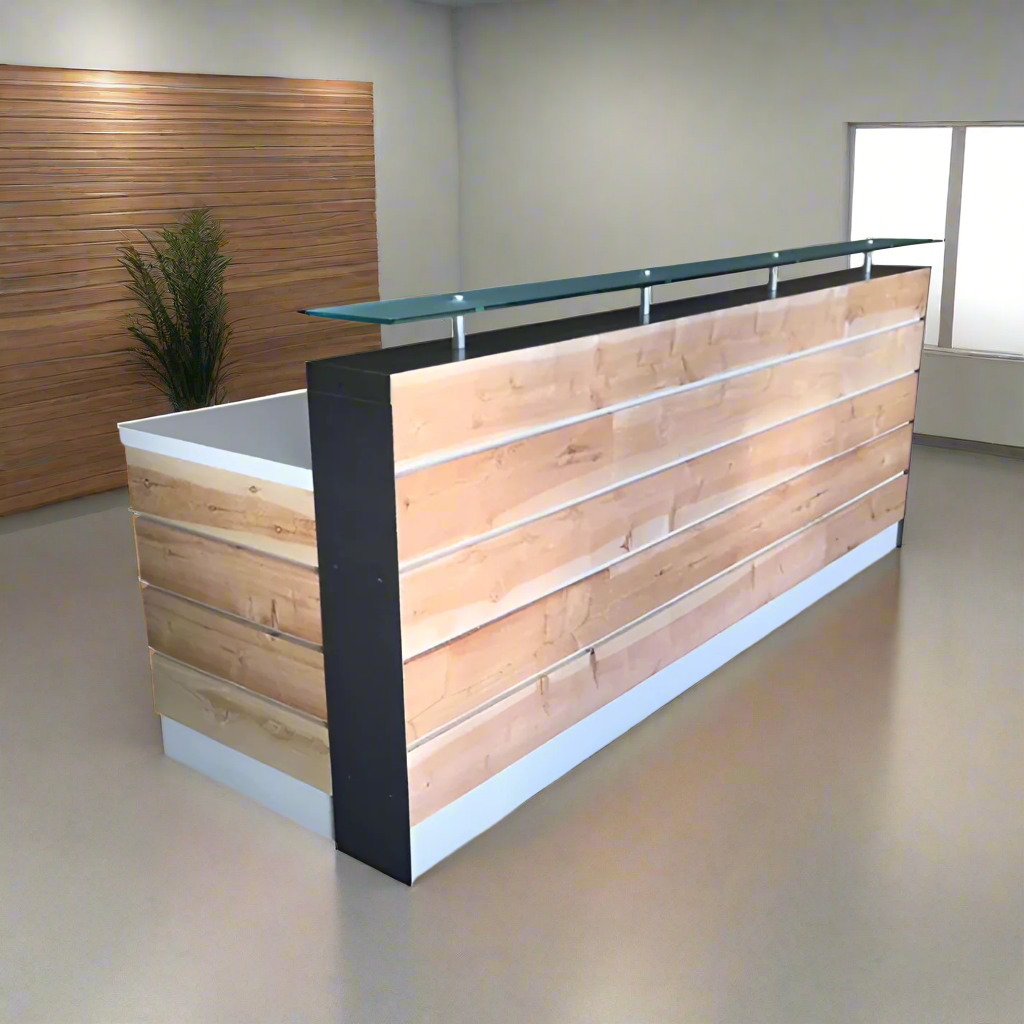 White Modern Reception Desk – 4–8 ft Distressed Wood with Glass Riser ...